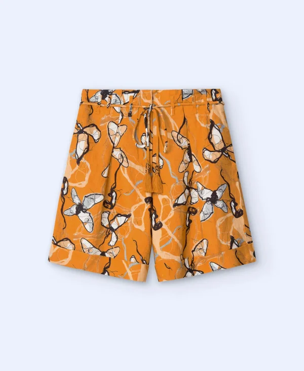 Adolfo Dominguez Calças | Bermudas Custas Estampadas Em Linho Cor De Laranja Estampado