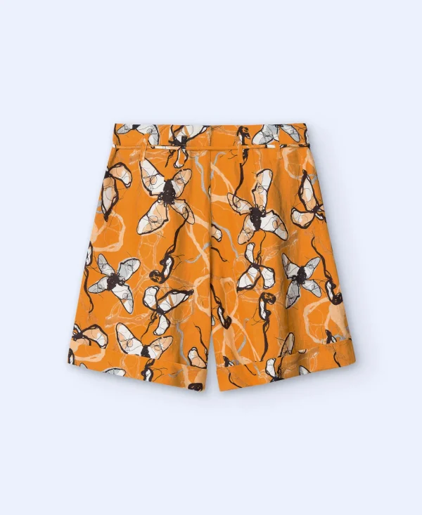 Adolfo Dominguez Calças | Bermudas Custas Estampadas Em Linho Cor De Laranja Estampado