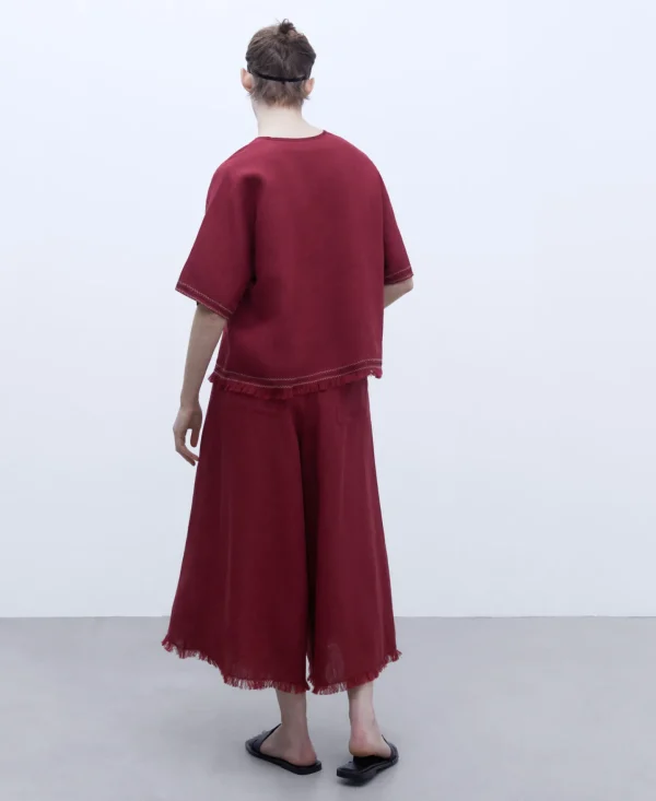 Adolfo Dominguez Linho | Blusa Com Decote Em V E Franjas Em Linho Europeu Vermelho-Telha