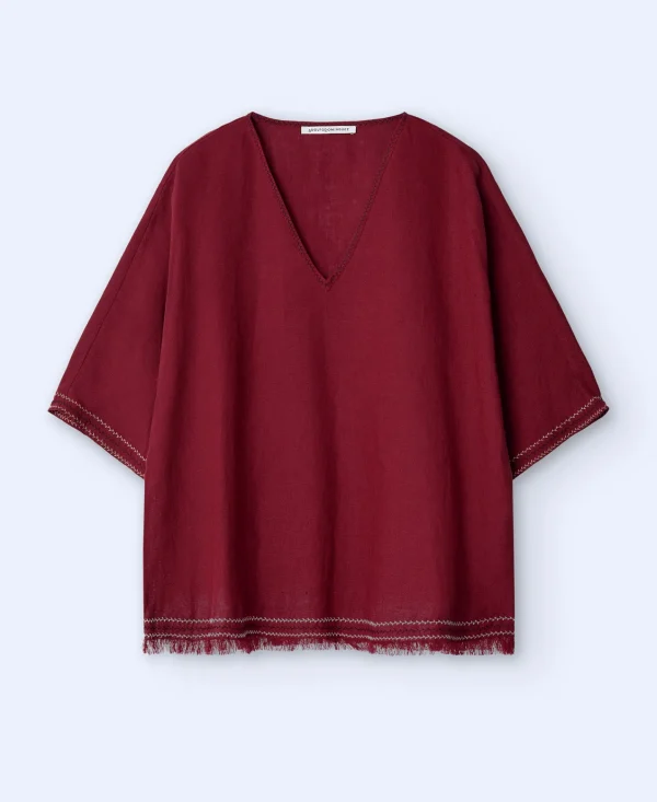 Adolfo Dominguez Camisas E Tops | Blusa Com Decote Em V E Franjas Em Linho Europeu Vermelho-Telha