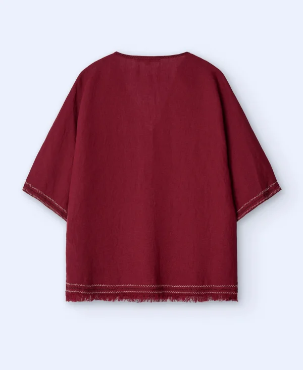 Adolfo Dominguez Camisas E Tops | Blusa Com Decote Em V E Franjas Em Linho Europeu Vermelho-Telha