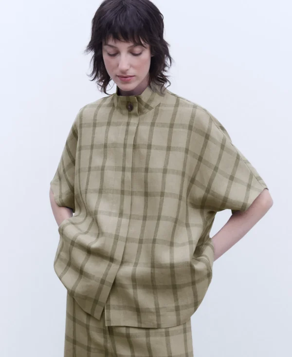 Adolfo Dominguez Linho | Blusa Oversize Em Linho Verde Quadrados