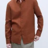 Adolfo Dominguez Camisas | Camisa Com Gola De Lapela Em Linho Europeu Terracota