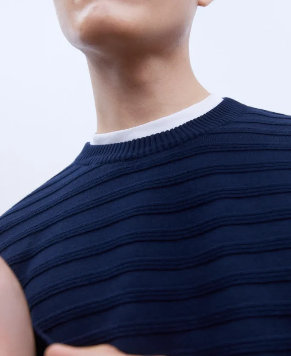 Adolfo Dominguez Malhas | Camisola De Gola Caixa Com Estrutura De Riscas. Azul-Marinho