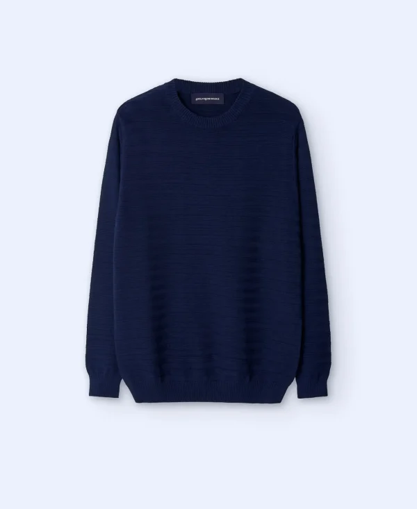 Adolfo Dominguez Malhas | Camisola De Gola Caixa Com Estrutura De Riscas. Azul-Marinho